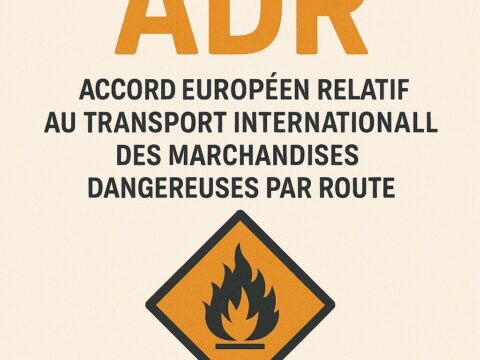 Testo grafico: "ADR – Accord Européen relatif au transport international des marchandises dangereuses par route" con simbolo di sostanza infiammabile.