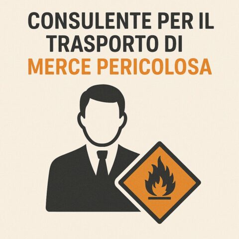 Testo grafico: "Consulente per il trasporto di merce pericolosa" con icona di un consulente stilizzato e simbolo di sostanza infiammabile.