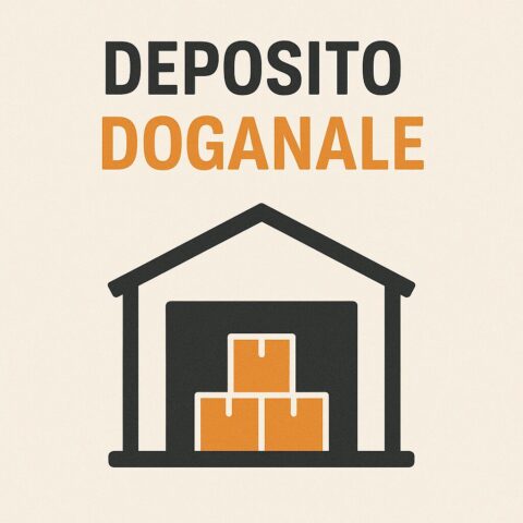 Testo grafico: "Deposito doganale" con icona stilizzata di un magazzino contenente tre scatole arancioni.