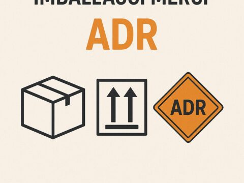 Testo grafico: "Imballaggi merci ADR" con icone di una scatola, simbolo di movimentazione e cartello ADR.