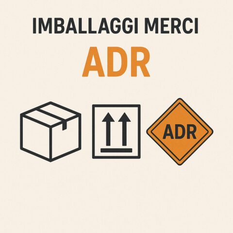 Testo grafico: "Imballaggi merci ADR" con icone di una scatola, simbolo di movimentazione e cartello ADR.