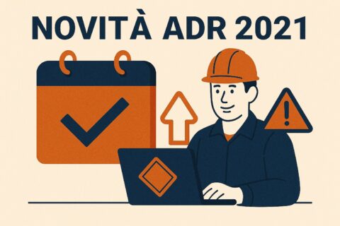 Illustrazione stilizzata con un camion blu ADR accanto a documenti ufficiali e simboli di pericolo, che rappresentano le novità normative ADR 2021.