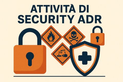Illustrazione in stile piatto che raffigura simboli ADR e lucchetti di sicurezza, a rappresentare le attività di security nel trasporto di merci pericolose.