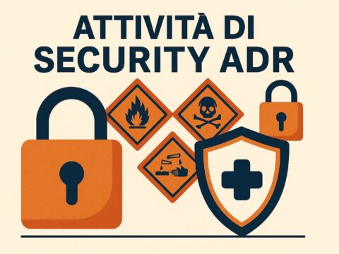 Illustrazione in stile piatto che raffigura simboli ADR e lucchetti di sicurezza, a rappresentare le attività di security nel trasporto di merci pericolose.