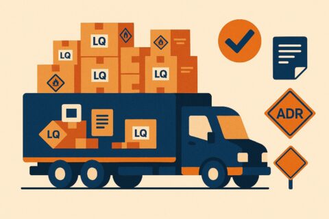 Illustrazione in stile piatto che mostra pacchi imballati e contrassegnati come merci pericolose in quantità limitata, con simboli ADR semplificati.