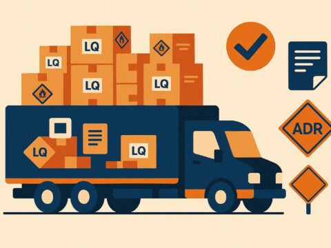 Illustrazione in stile piatto che mostra pacchi imballati e contrassegnati come merci pericolose in quantità limitata, con simboli ADR semplificati.