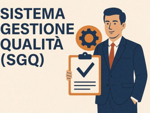 Illustrazione di un manager con un documento di controllo qualità e la scritta "Sistema Gestione Qualità (SGQ)"