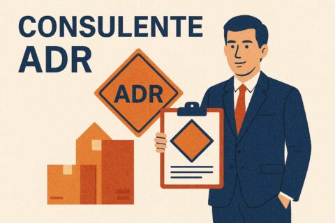 Illustrazione di un consulente ADR con cartello di sicurezza e scatole imballate.