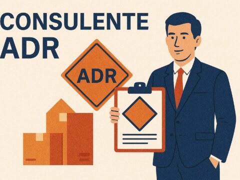 Illustrazione di un consulente ADR con cartello di sicurezza e scatole imballate.