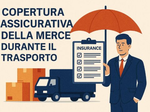 Illustrazione sulla copertura assicurativa delle merci durante il trasporto con camion, scatole e ombrello protettivo.
