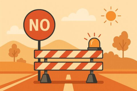 Illustrazione stilizzata con colori caldi che raffigura un blocco della circolazione su una strada soleggiata, con transenne e cartelli di divieto.